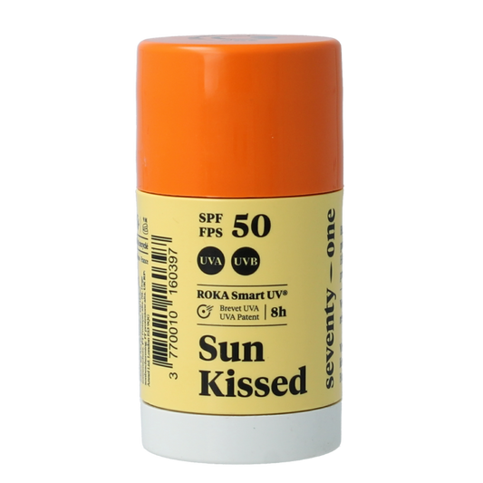 SeventyOne Percent Sunkissed SPF50 sunstick in 15g, featuring a light, natural-colored sunscreen product with a sleek packaging design.