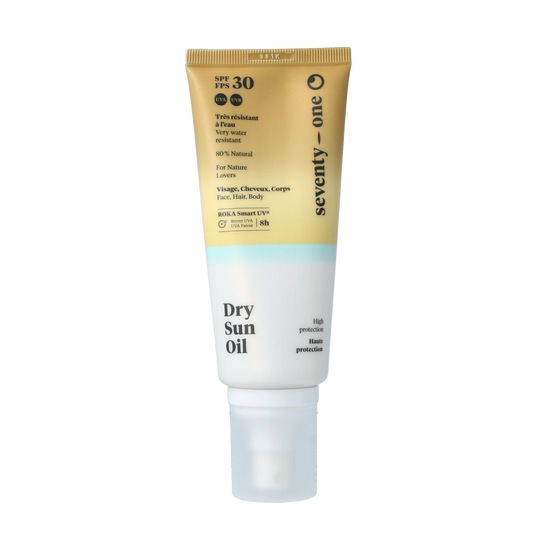 SeventyOne Percent Dry Sun Oil SPF30 bottle showing the 100ml size and product label with sun protection branding.