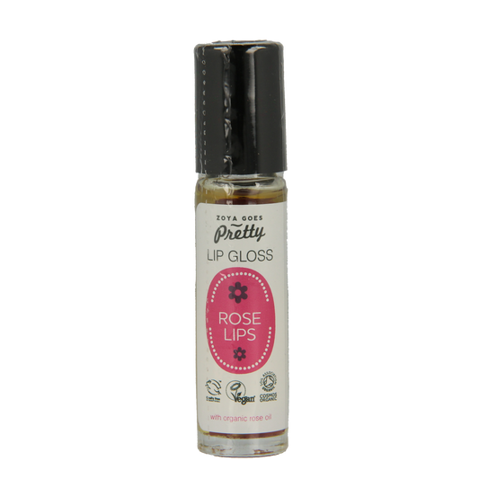 Zoya Goes Pretty rose lips lip gloss in 10ml tube, shiny and smooth makeup product with rose-colored finish.