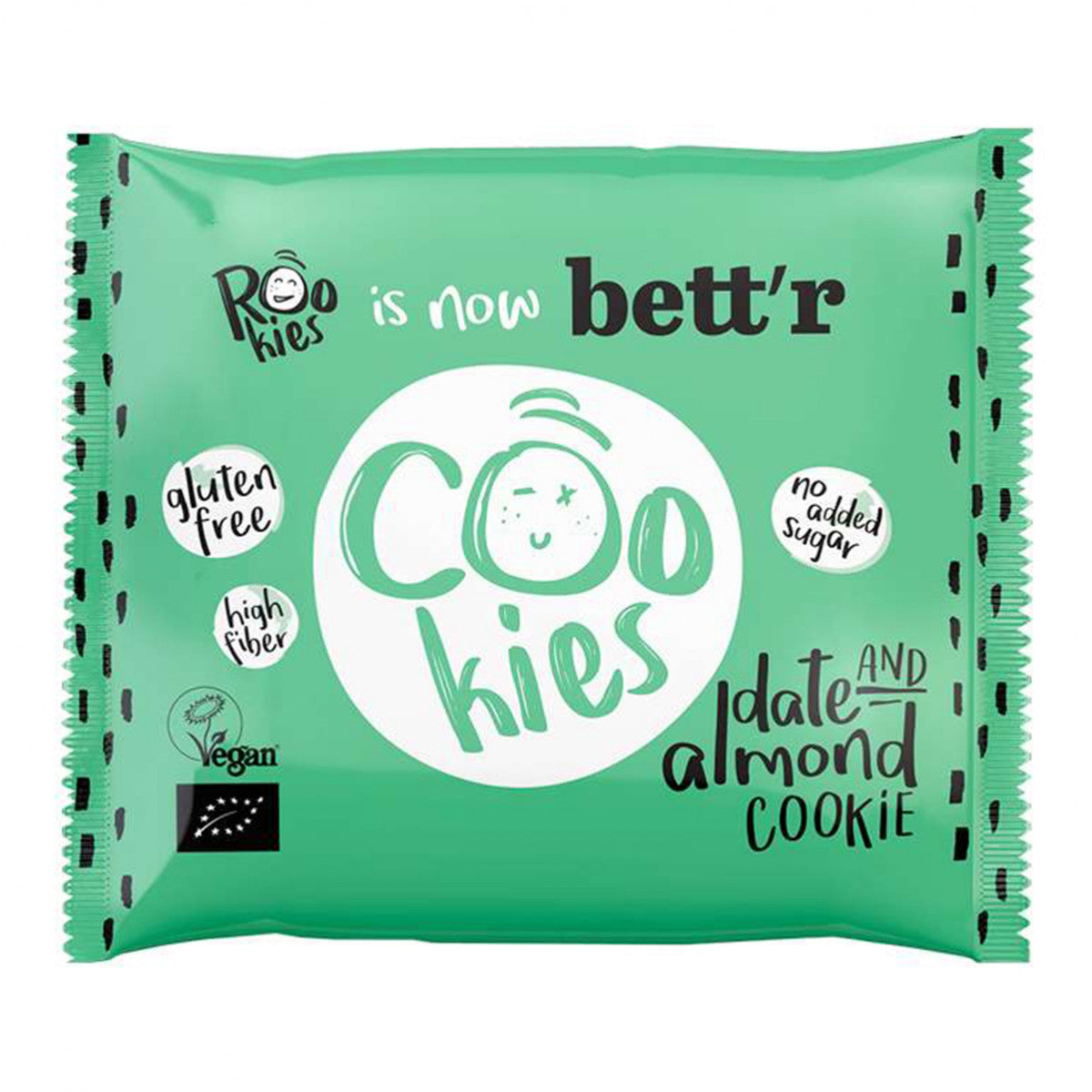 Rookies gluten-free cookie with dates and almonds, 40g, featuring a crispy koeken texture and natural ingredients.