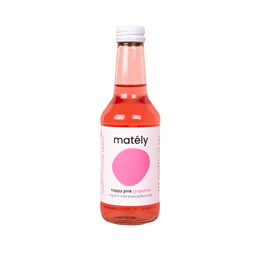 Mately Cold Brew Mate Happy Pink BIO drink in a 250ml bottle, featuring vibrant pink liquid in a clear glass bottle.