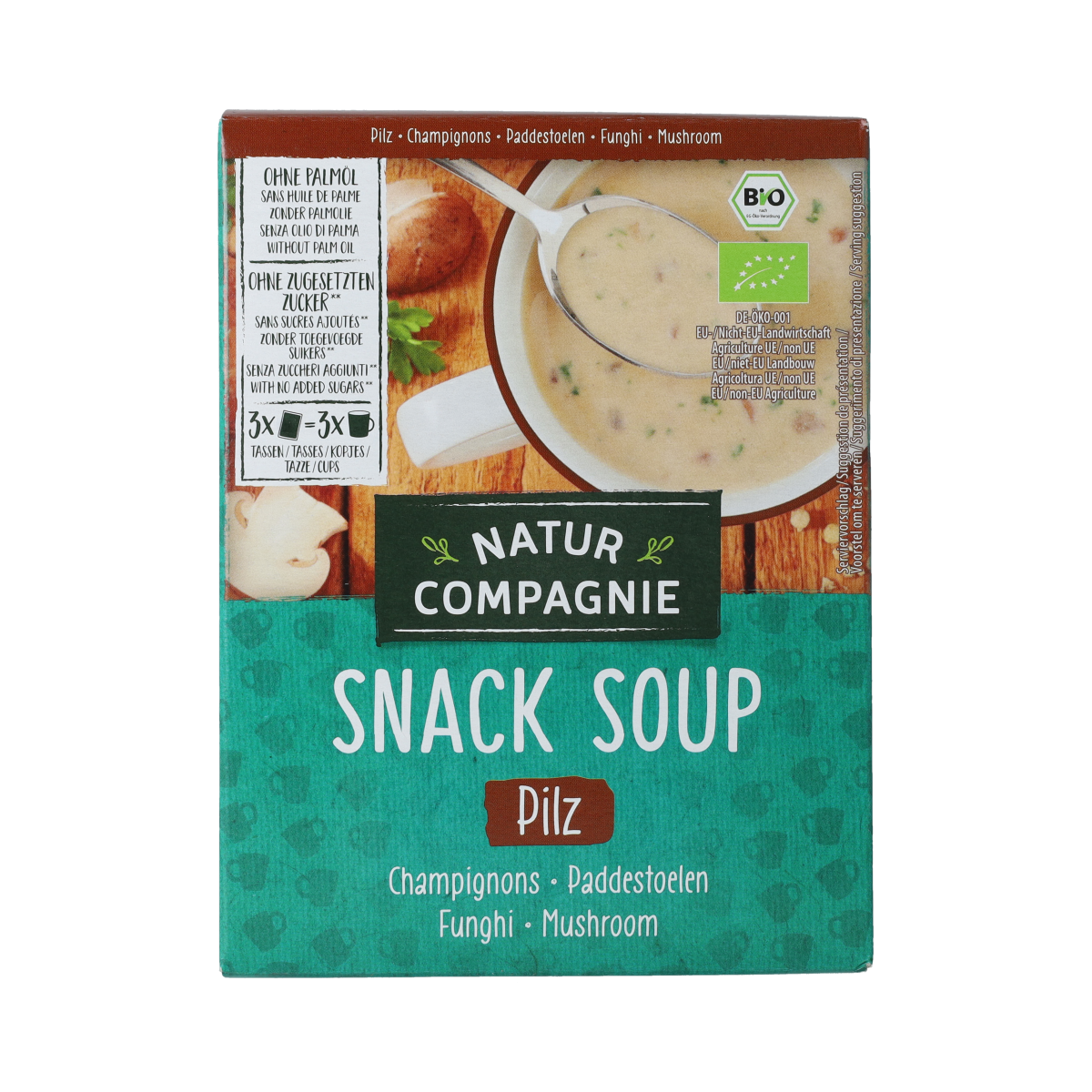 Natur Compagnie organic mushroom snack soup packet, 51 grams, with fresh mushroom images and natural ingredients on the packaging.