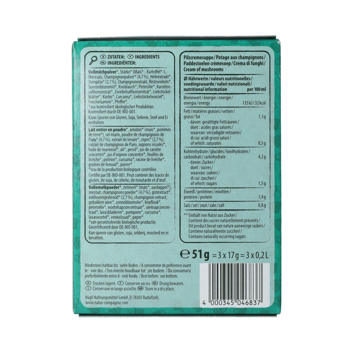 Natur Compagnie organic mushroom soup snack in 51g package, showing the soup powder and packaging.