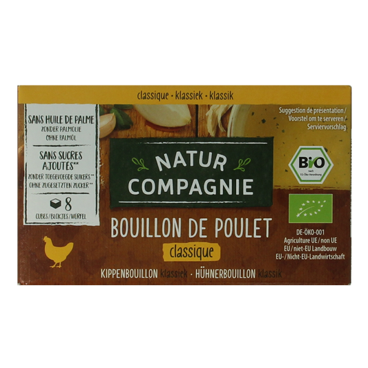 Organic Natur Compagnie Kippenbouillon cube, 88g, in a clear package, for flavorful soups and broths
