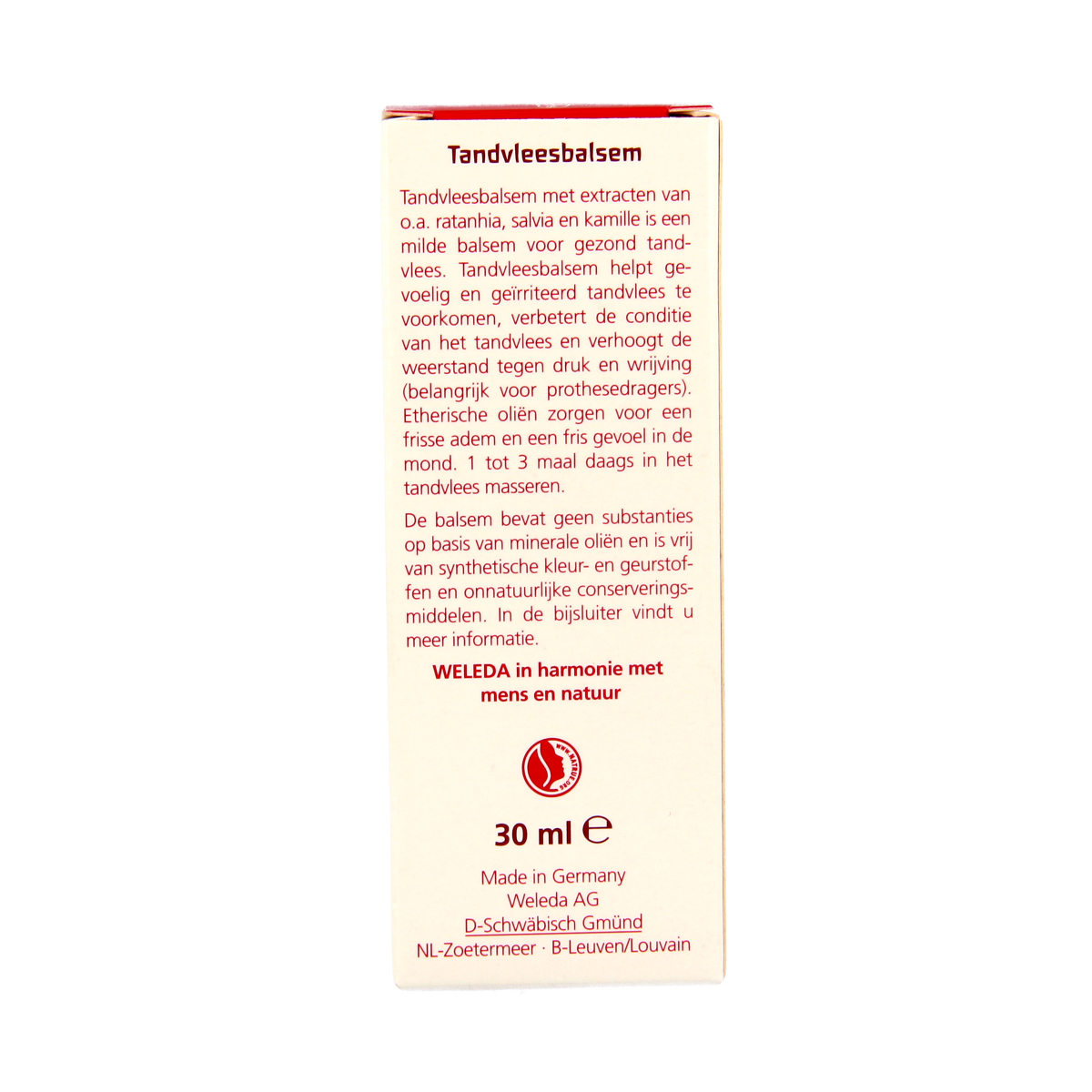 Weleda oral care tandvlees balsem in a 30ml tube, designed for gum health and dental hygiene, with natural ingredients.