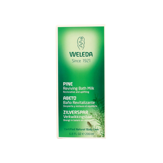 Weleda Zilverspar bad en douche bottle, 200ml, with a white cap and label featuring silver fir imagery, for invigorating bath and shower.