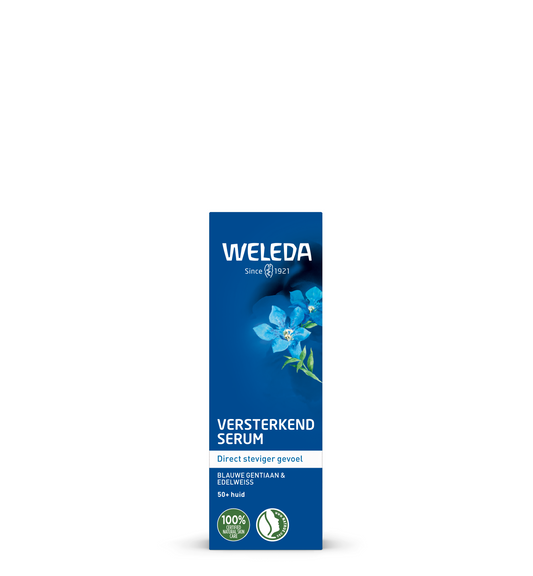 Weleda Blauwe Gentiaan en Edelweiss versterkend gezichtsverzorgingsserum, 30ml, in een glazen fles met doseerdop