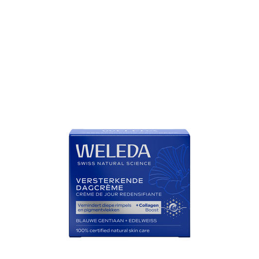 Weleda Blauwe Gentiaan en Edelweiss versterkende dagcrème voor gezichtsverzorging in 40 ml pot, met natuurlijke ingrediënten.