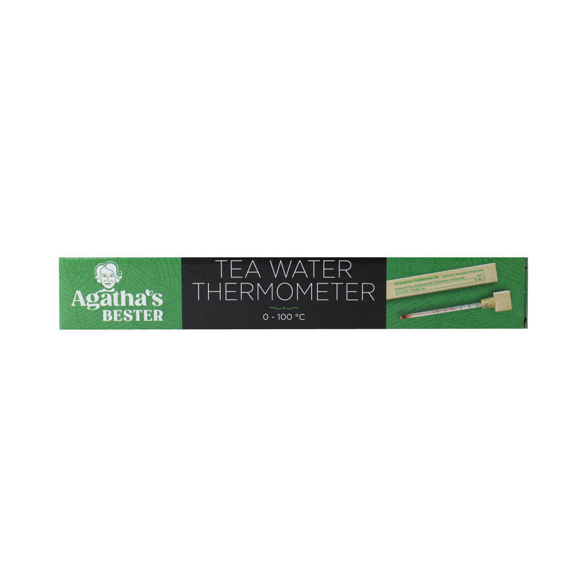 Agatha s Bester tea water thermometer in wooden box for cooking and dining, measuring temperature accurately.