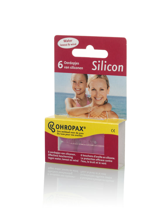 Set of six Ohropax Silicon ear protection plugs in a plastic case, designed for noise reduction and ear comfort.