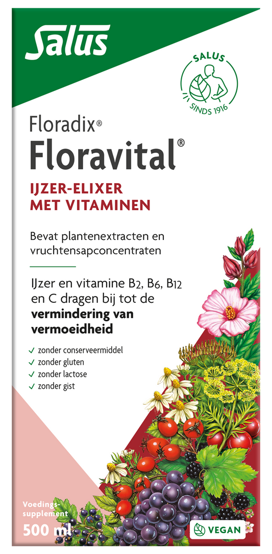 Salus Floradix Floravital multivitamin liquid in 500ml bottle, natural multivitamine supplement with herbal extracts.
