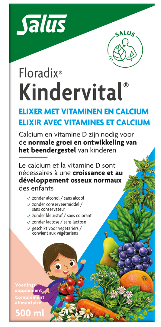 Salus Floradix Kindervital multivitamin supplement bottle with 500ml capacity, featuring colorful label and product details.