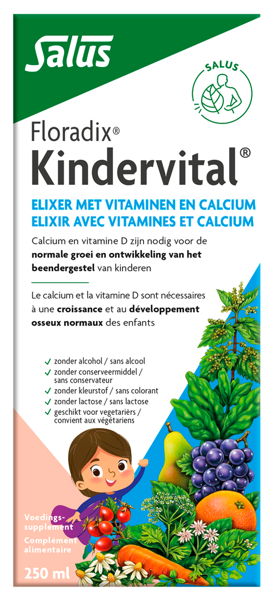 Salus Floradix Kindervital multivitamin liquid in 250ml bottle, colorful packaging with a child-friendly design.