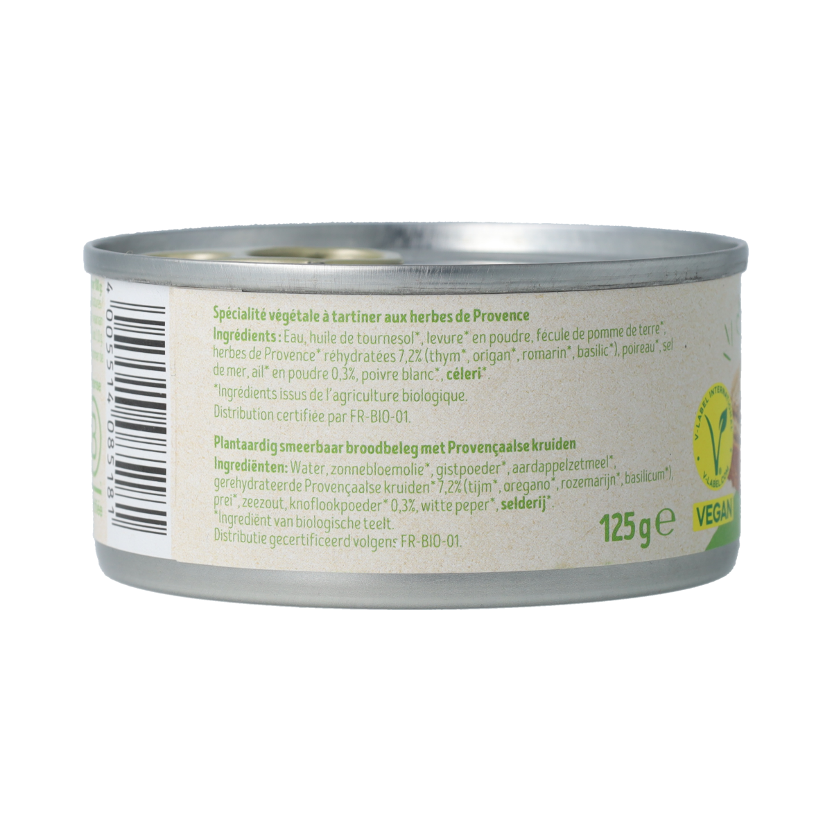 Tartex Provencal herbal bio pate spread on bread, showcasing a 125g jar with fresh herbs and colorful ingredients.