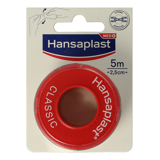Hansaplast Hechtpleister classic adhesive bandage 5m x 2.5cm, shown on skin for wound protection.