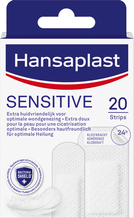 Hansaplast Sensitive adhesive strips for minor cuts, 20-pack, showing flexible bandages and transparent tape for gentle skin protection.
