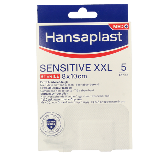 Hansaplast Sensitive XXL adhesive plasters in a pack of 5, large skin-friendly bandages for minor wounds and cuts.