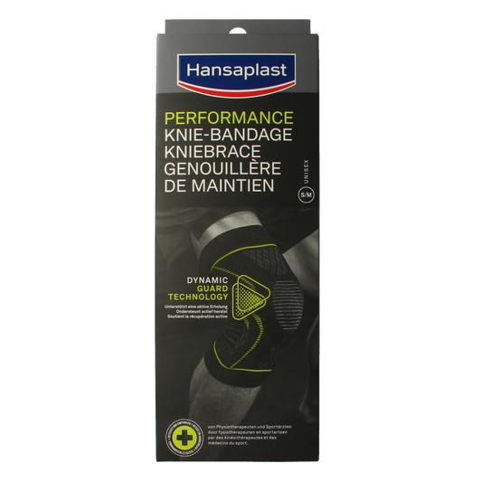 Hansaplast Kniebrace performance brace supporting the knee for stability and comfort, shown in a close-up image.