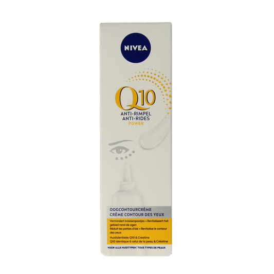 Nivea Q10 Power anti-wrinkle eye contour cream in 15ml tube, designed for eye area skincare and reducing wrinkles.