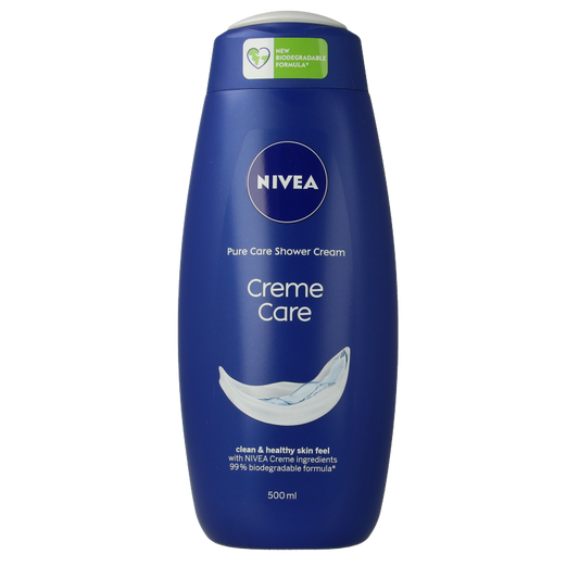 Nivea Douche Creme Care bottle, 500ml, featuring a white and blue design, suitable for gentle skin cleansing in the shower.