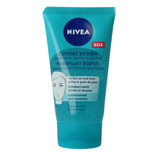 Nivea SOS zuivert porien gezichtsverzorging met reinigingsscrub in 150ml tube, designed for daily pore cleansing and skin refreshment.