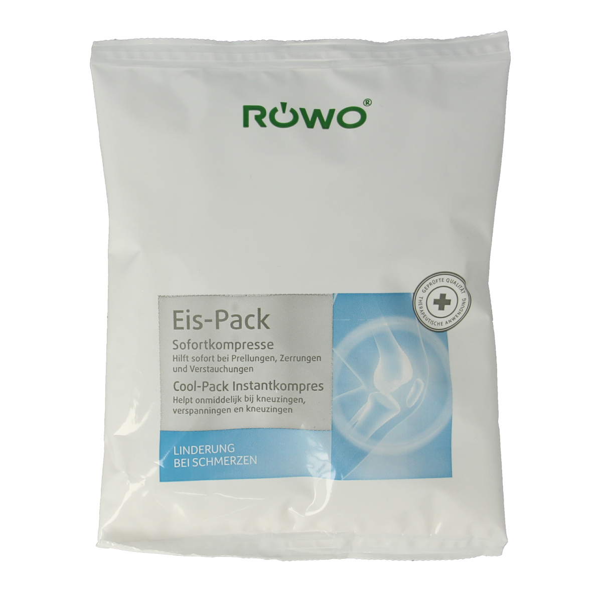 Rowo instant coldpack 14x17cm for cold compress, showing the sealed, flexible cold pack used for pain relief and injuries.
