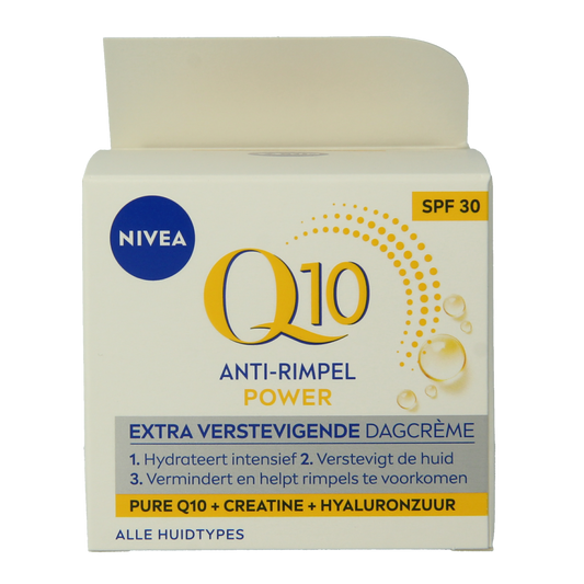 Nivea Q10 Power anti-wrinkle day cream with SPF30, 50ml, facial skincare product in a white jar with blue label.
