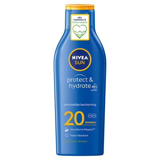 Nivea Sun Protect & Hydrate SPF20 zonnemelk in 200ml bottle, sun protection lotion with hydrating formula for outdoor use.