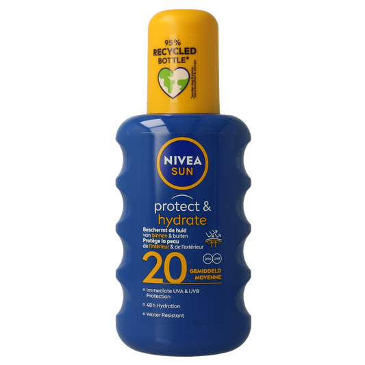 Nivea Sun Protect & Hydrate SPF 20 solar spray bottle, 200ml, with sunscreen nozzle and blue cap.