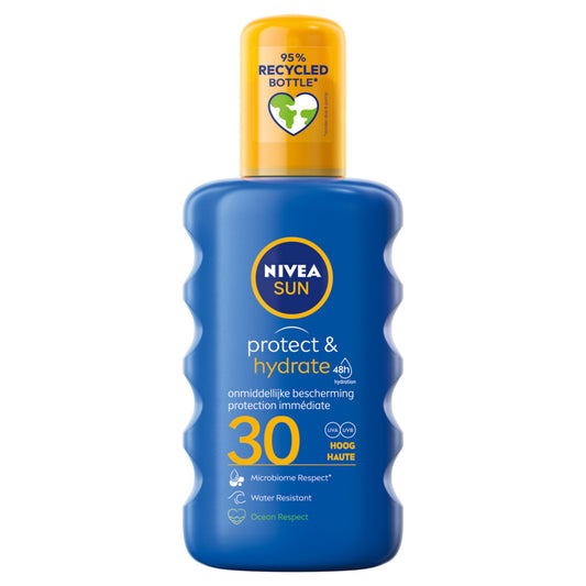 Nivea Sun Protect & Hydrate SPF30 spray bottle, 200ml, with a sun protection label and spray nozzle visible.