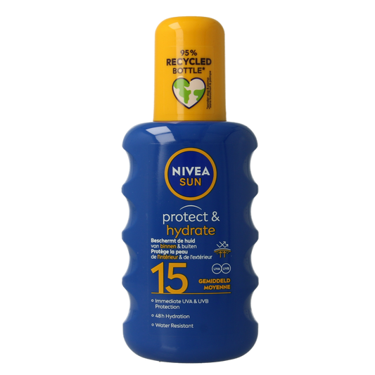 Nivea Sun Protect & Hydrate SPF 15 sunscreen spray bottle, 200ml, with a blue cap and label featuring sun protection imagery.