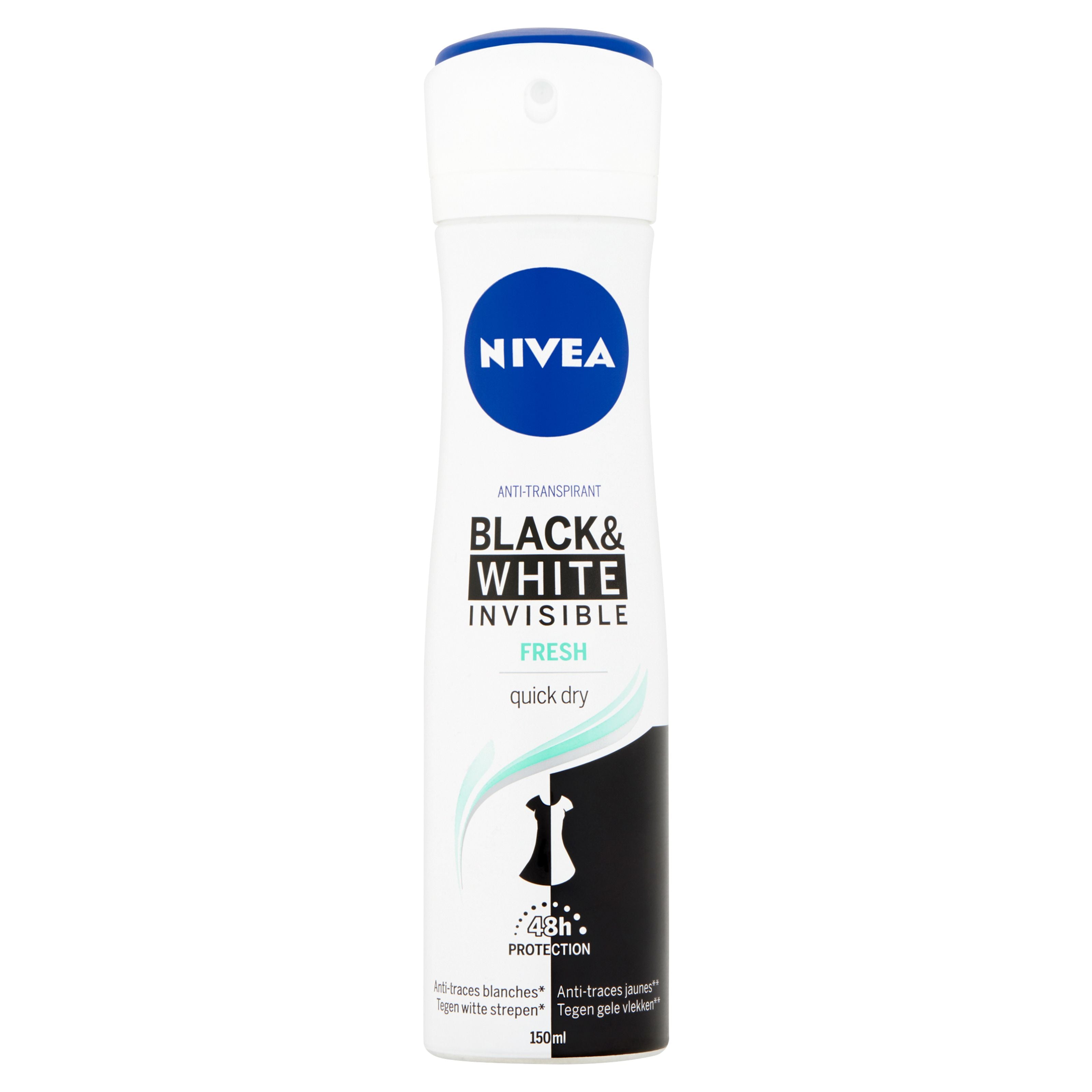 Nivea Invisible Black & White Fresh deodorant spray bottle, 150ml, with sleek packaging and spray nozzle visible in the image.