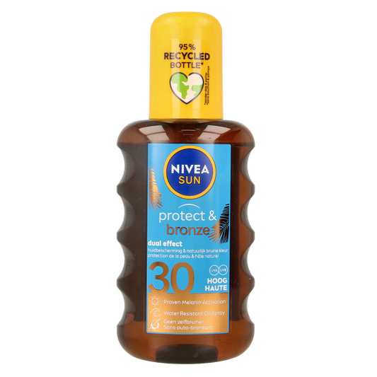 Nivea Sun Protect & Bronze oil spray SPF30, 200ml, showing the golden bottle with sun protection label and spray nozzle.