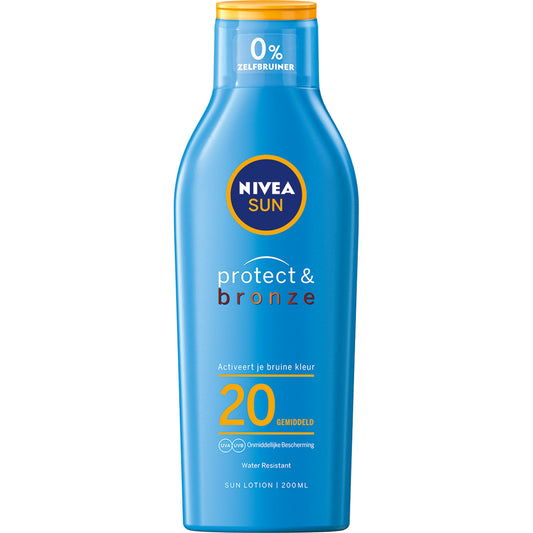 Nivea Sun Protect & Bronze SPF20 sun milk bottle, 200ml, with a sun protection label and outdoor beach scene on the packaging.