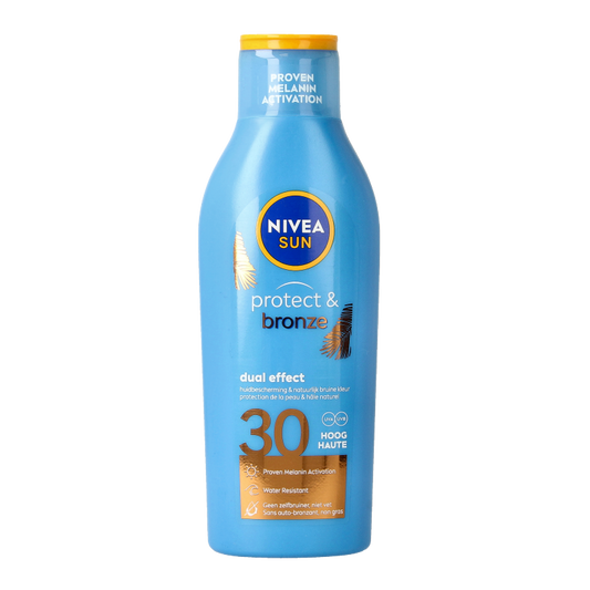 Nivea Sun Protect Bronze BF30 sunscreen lotion in a 200ml bottle, designed for sun protection and tanning.