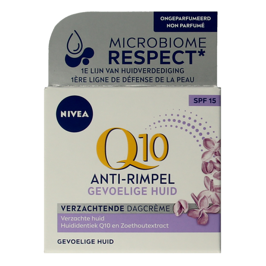 Nivea Q10 Power Sensitive Day Cream SPF15 in 50ml jar, facial skincare product for sensitive skin, with nourishing ingredients.