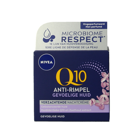 Nivea Q10 Power nachtcreme sensitive facial moisturizer in 50ml jar, designed for gentle nighttime skin care.