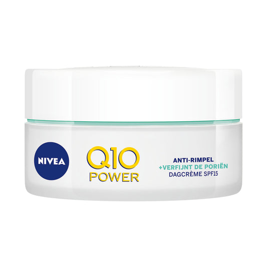 Nivea Q10 Anti-rimpel dagcreme licht in 50ml, gezichtsverzorging with a white jar and blue lid, suitable for daily anti-aging.