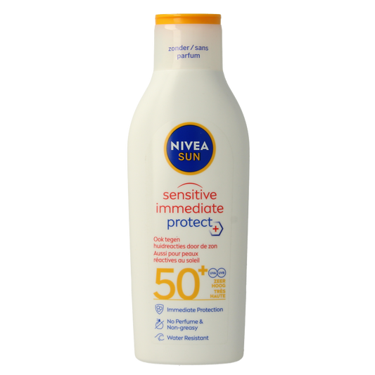 Nivea Sun Sensitive SPF50+ sunscreen lotion in 200ml bottle, with a light texture and gentle formula for sensitive skin.