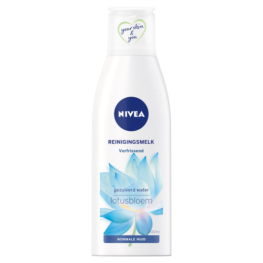 Nivea Essentials refreshing cleansing milk for face, 200ml bottle, gentle facial skincare product, liquid makeup remover
