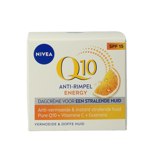 Nivea Q10 Energy anti-wrinkle day cream with SPF 15, 50ml, facial skincare showing the cream jar on a white background.