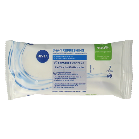 Nivea 3-in-1 refreshing face wipes mini pack with 7 sheets, ideal for cleansing and revitalizing the skin.