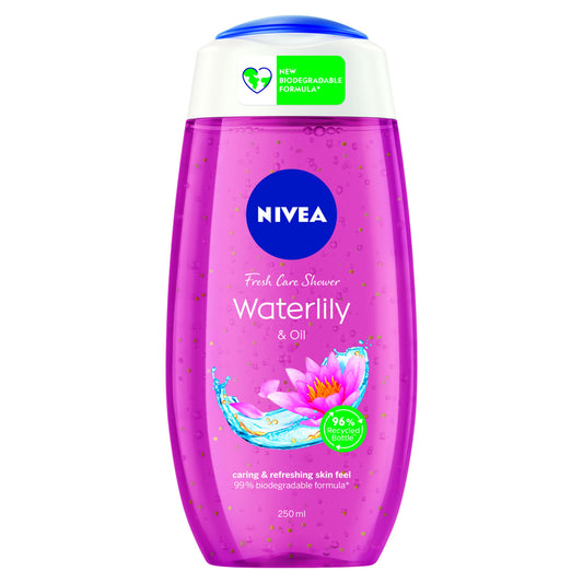 Nivea Douche Water Lily & Oil bottle, 250ml, moisturizing body wash with floral water lily scent, in a white plastic bottle.