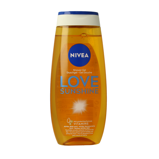 Nivea Douche Love Sunshine 250ml bottle with bright yellow and orange packaging, featuring a refreshing shower gel for daily use.