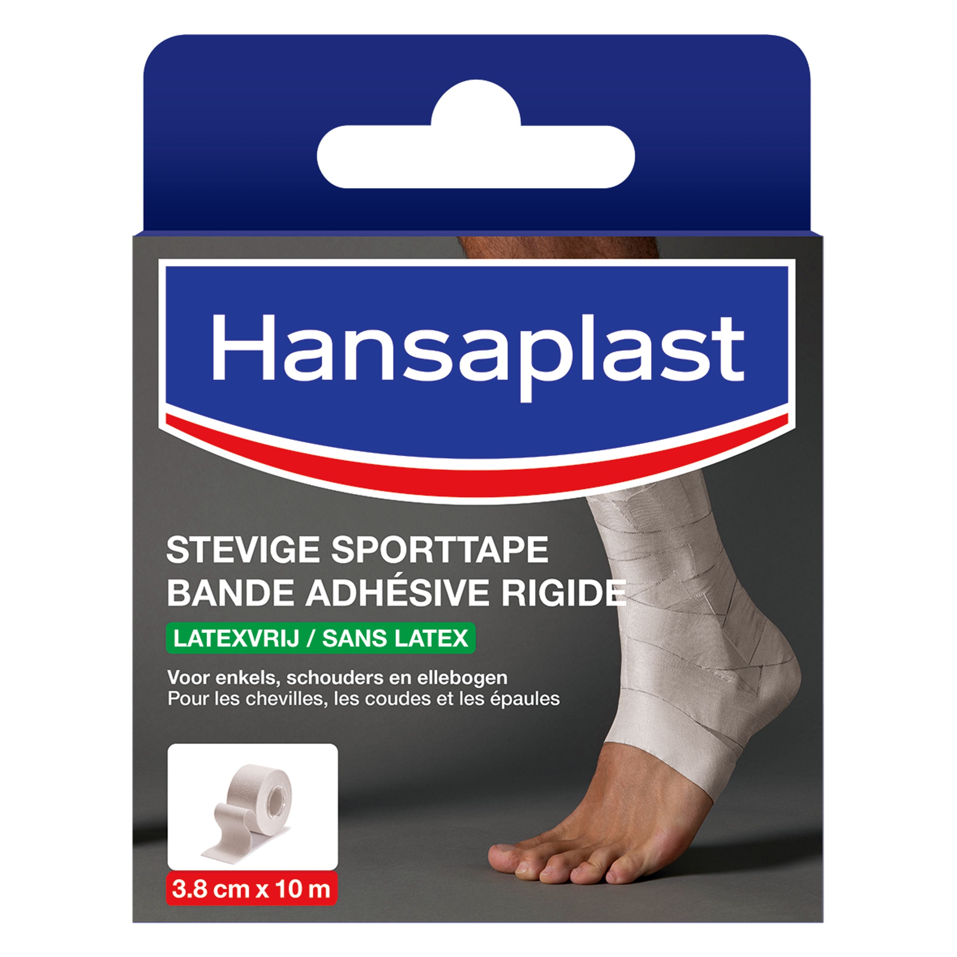 Hansaplast Sport tape, 3.75cm x 10m, athletic tape for sports injuries, with a roll showing white adhesive tape.