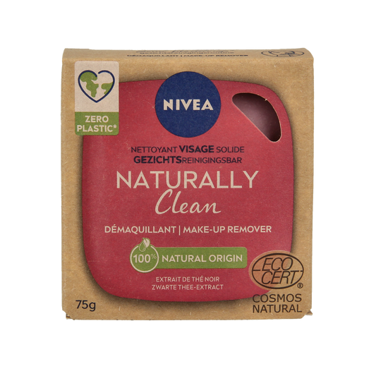 Nivea Naturally Clean makeup remover in 75g, gentle facial cleansing product with a white and blue packaging design.