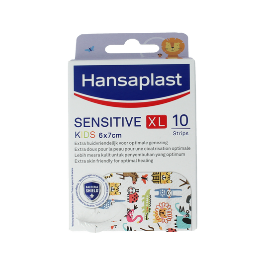 Hansaplast Sensitive kids XL bandages and tape, 10-pack, featuring colorful, gentle adhesive bandages designed for children.