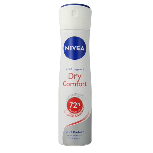Nivea Dry Comfort Deospray in 150ml aerosol can with a blue and white design, suitable for long-lasting freshness and deodorant use.
