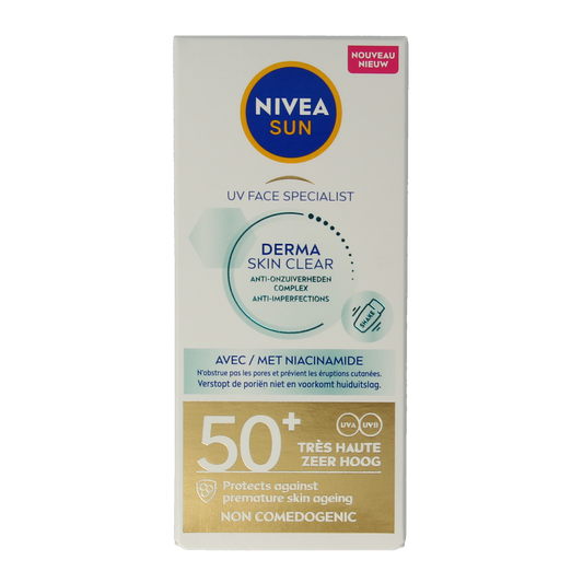 Nivea Sun face blemish control SPF50+ sunscreen tube, 40ml, with lightweight formula and sun protection for sensitive skin.
