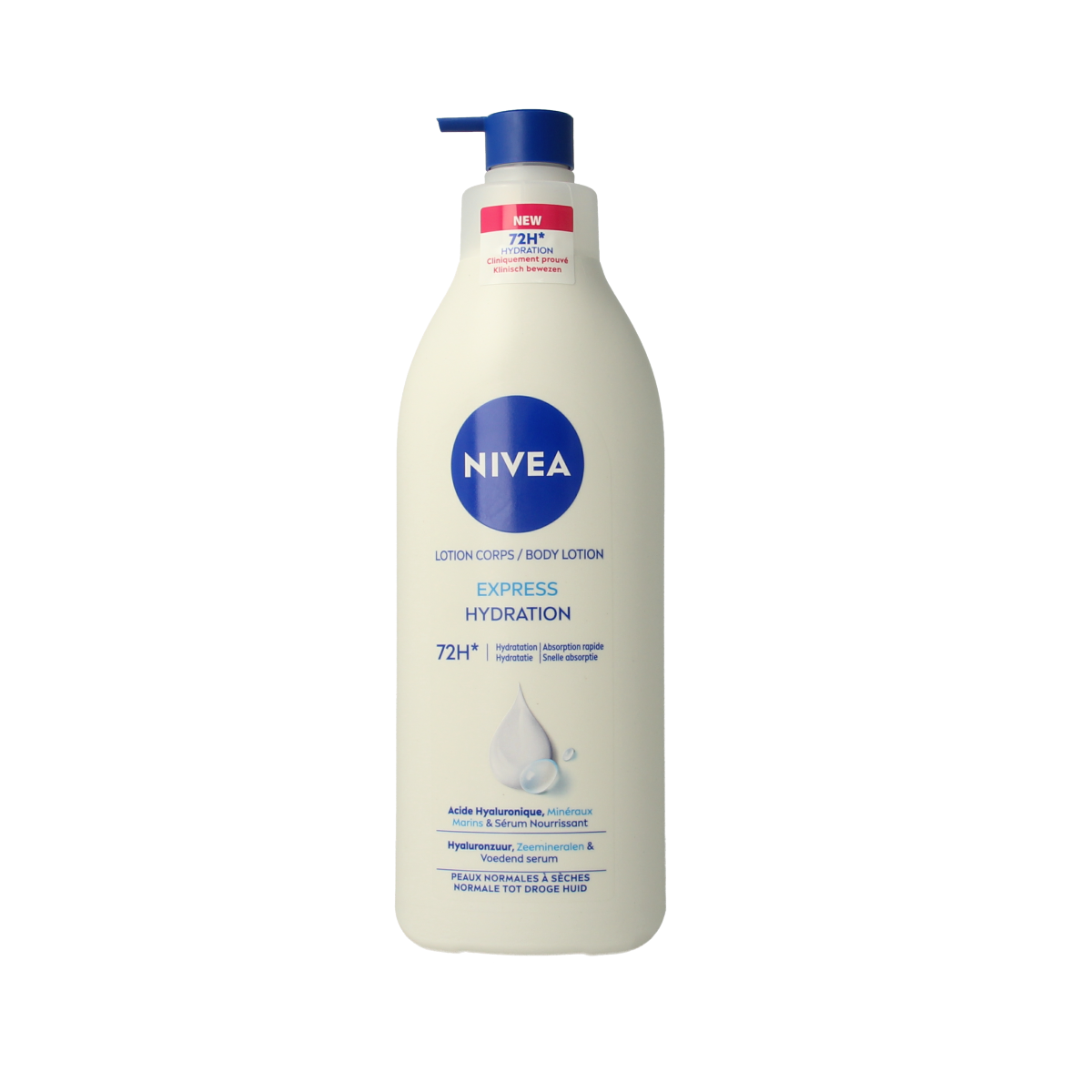Nivea Express body lotion with pump, 400ml, moisturizing body care product in a white pump bottle.